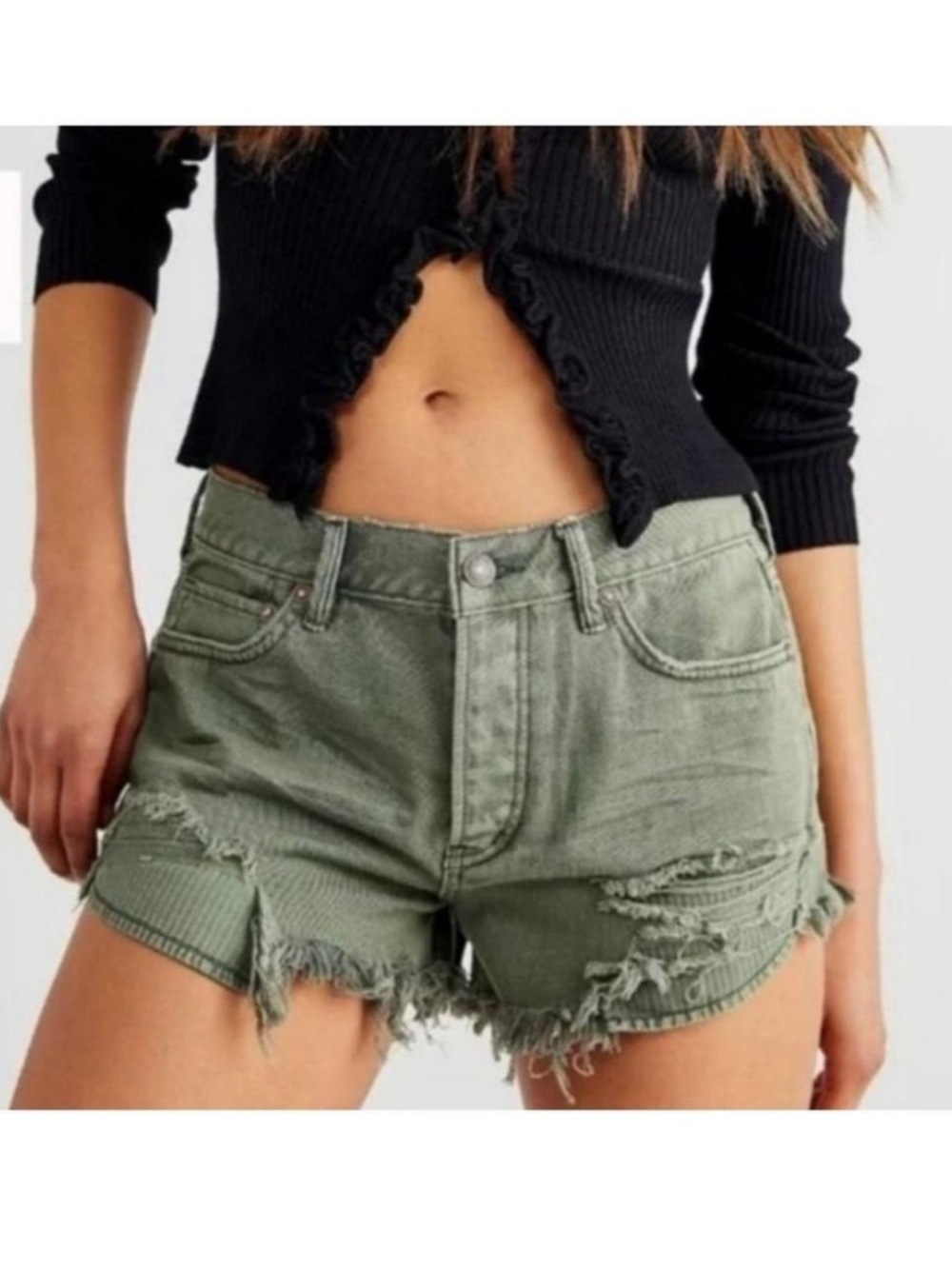 Free People Olive Green Frayed Denim Cutoff Shorts